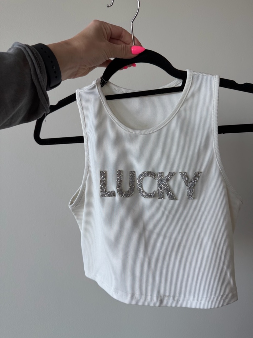 SHEIN White Ribbed Cropped Tank Top with Silver 'LUCKY' Embellishment